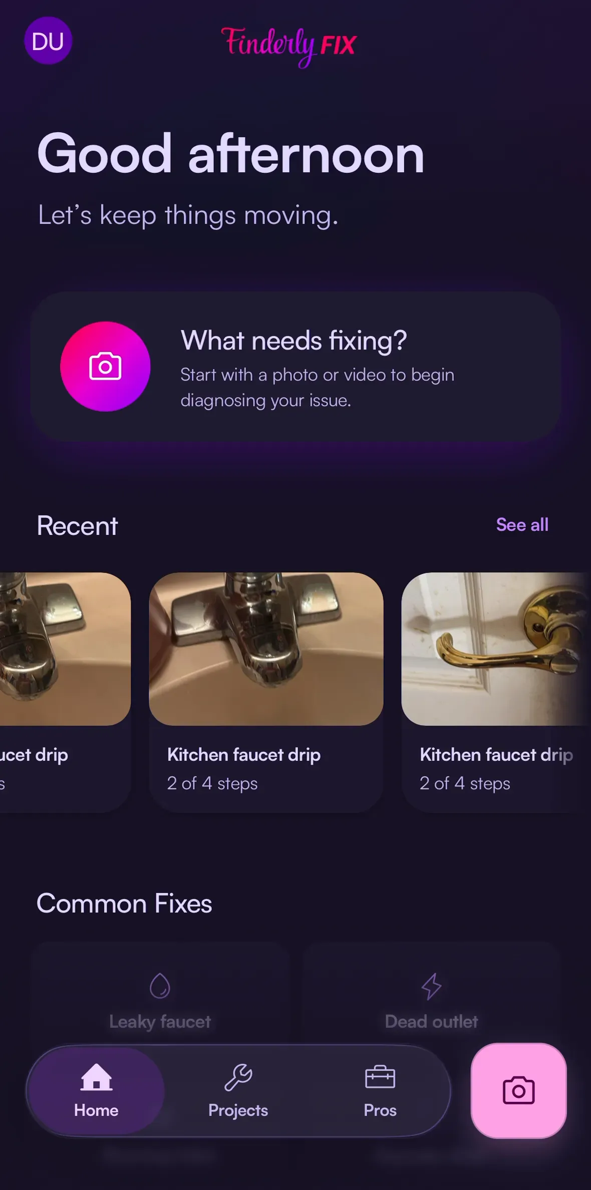 Finderly home screen in dark theme: capture hero, recent projects rail, common fixes