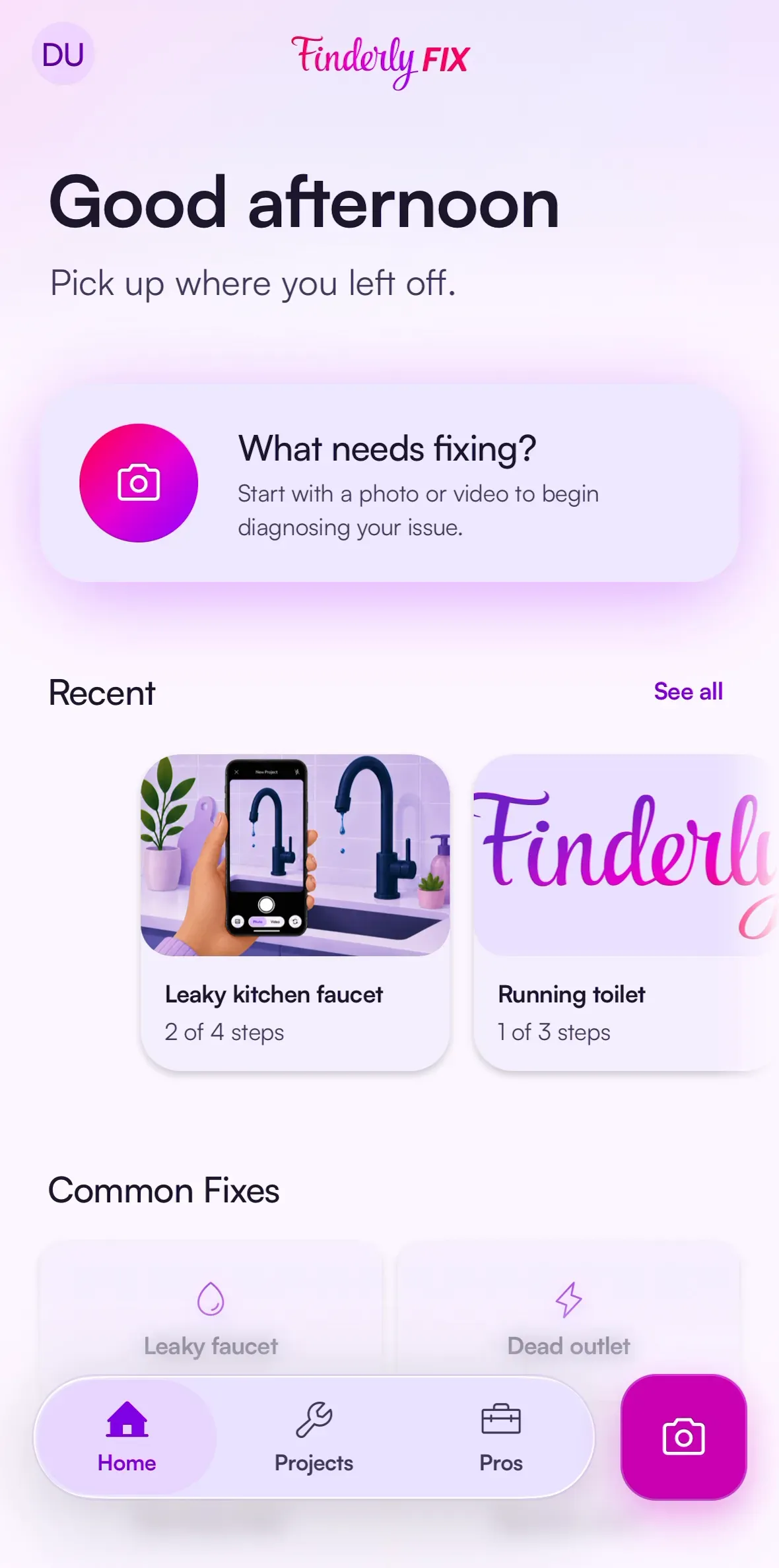 Finderly home screen in light theme: capture hero, recent projects rail, common fixes