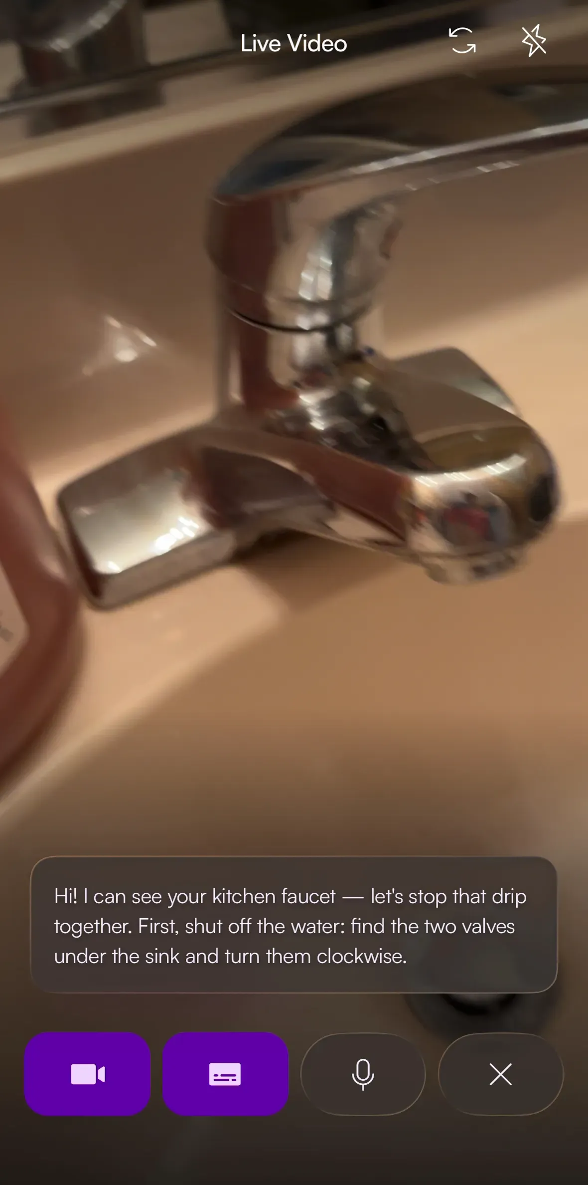 Finderly live video session where the AI gives step-by-step shutoff instructions over the camera feed
