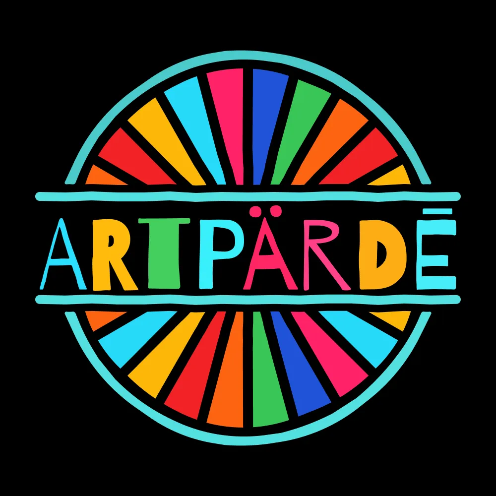 Final ArtPärdē logo: hand-drawn multicolor letterforms inside a sunburst circle