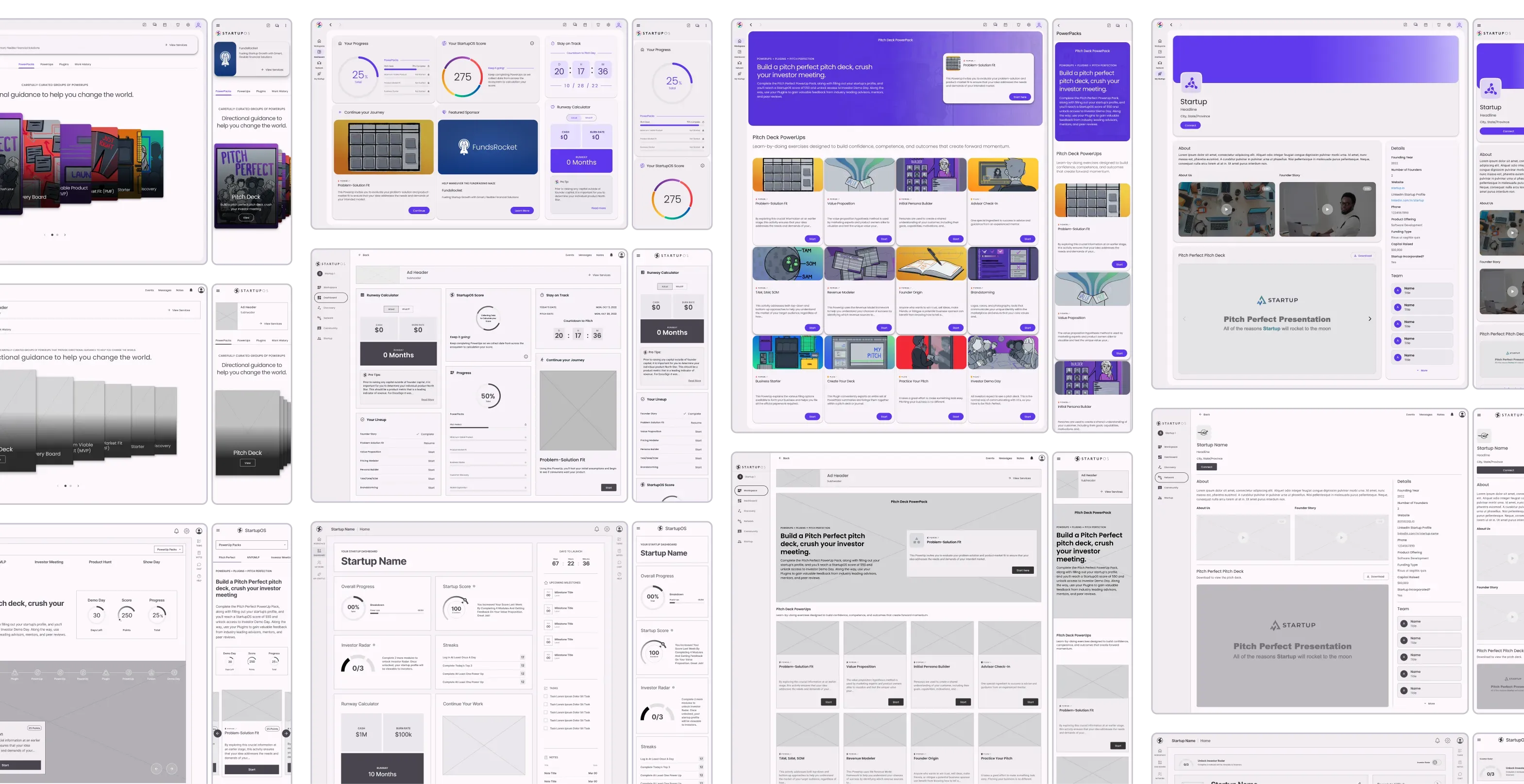 Broad sample of StartupOS platform designs: dashboards, learning surfaces, and networking screens