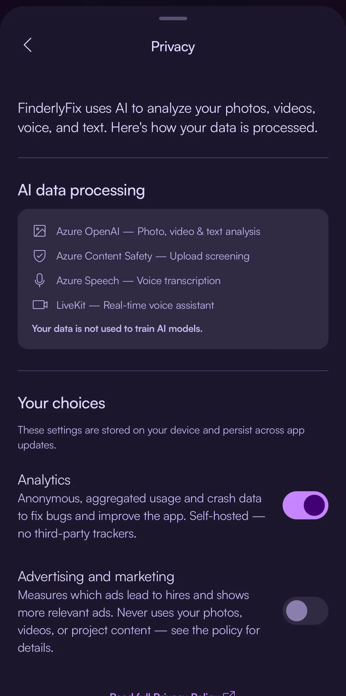 Finderly privacy settings listing each AI service that processes user data and what it does