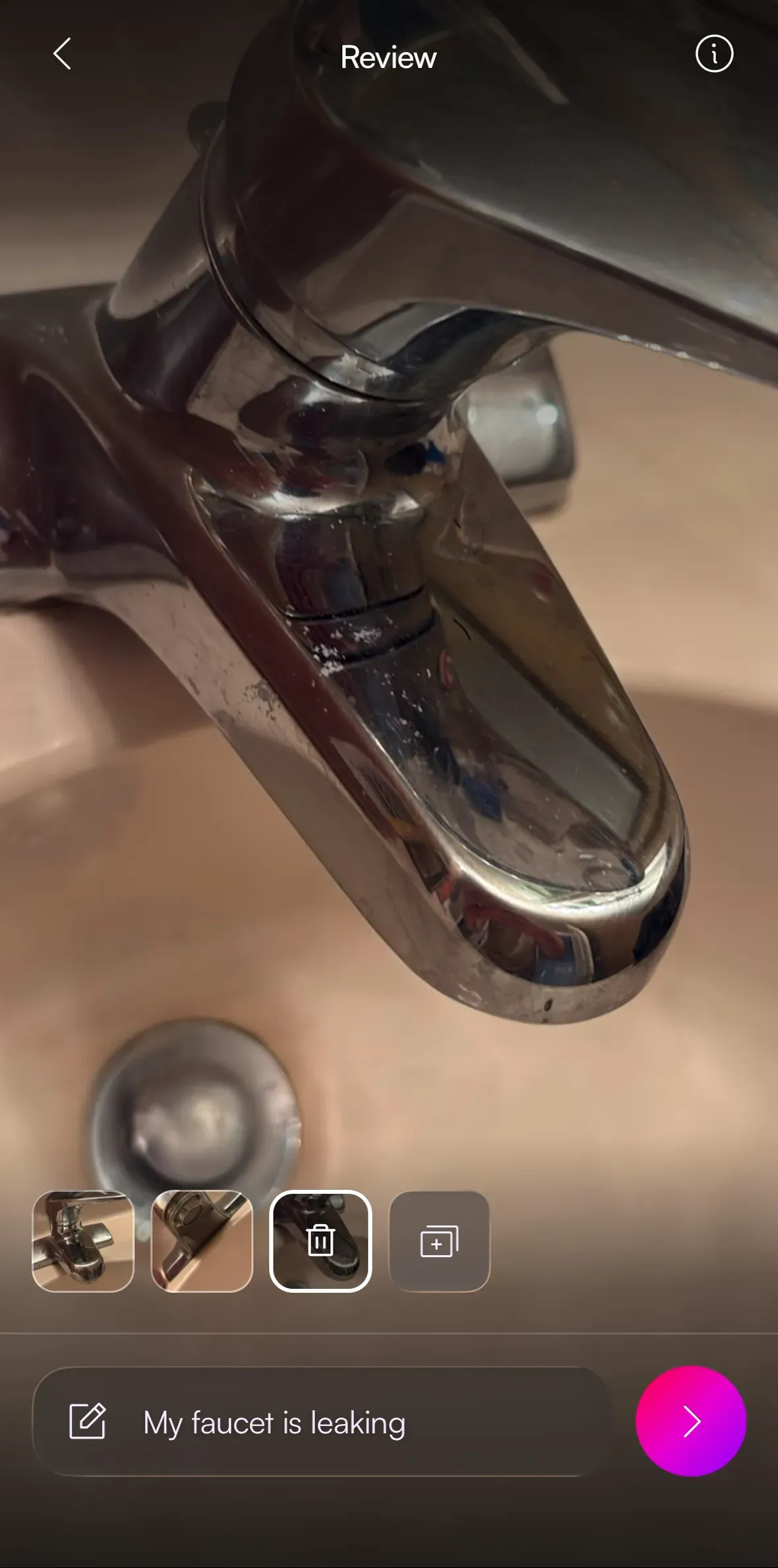 Finderly media review with photo thumbnails and the note 'My faucet is leaking'