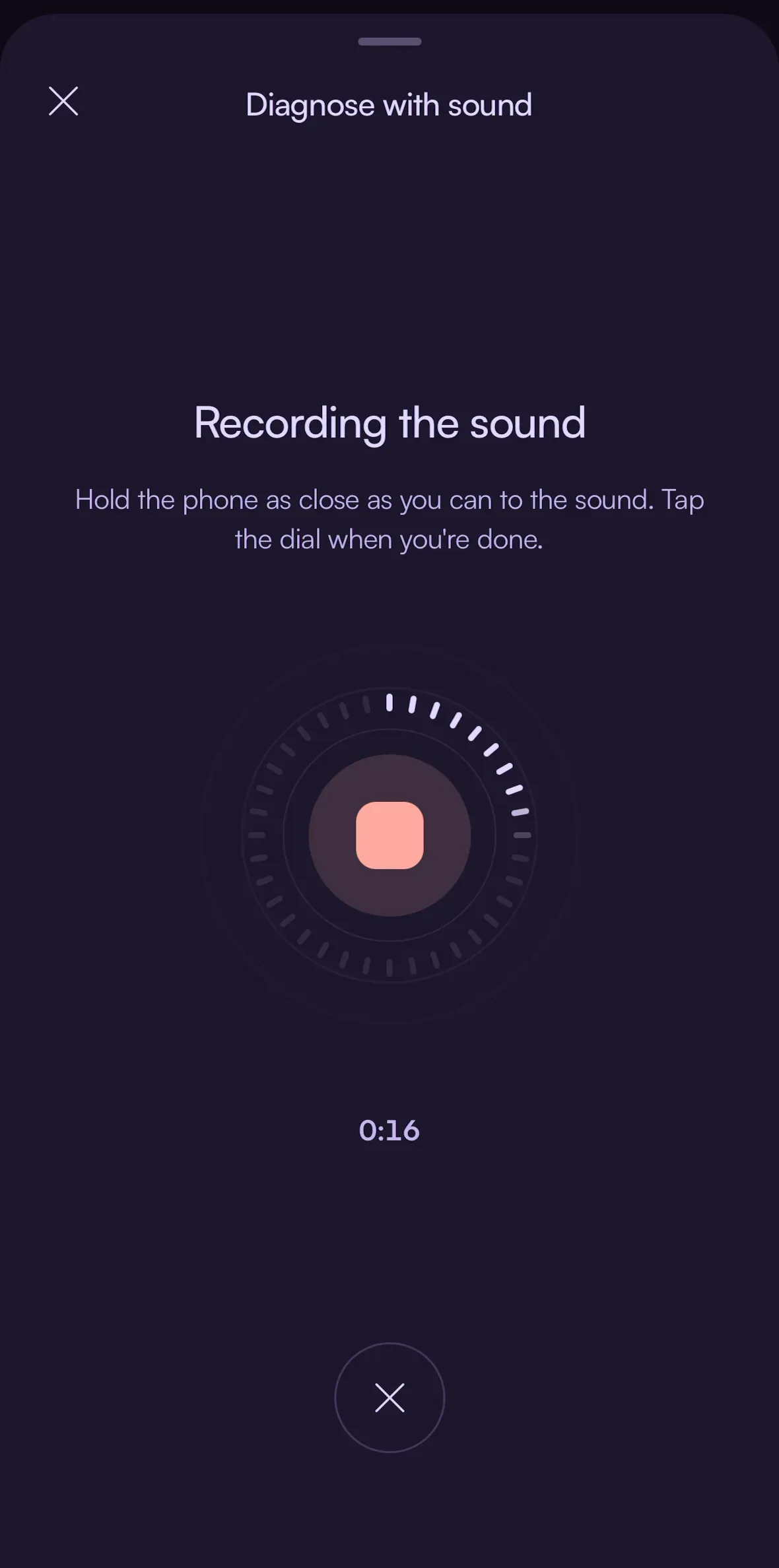 Finderly sound diagnostic recording screen with a live waveform dial