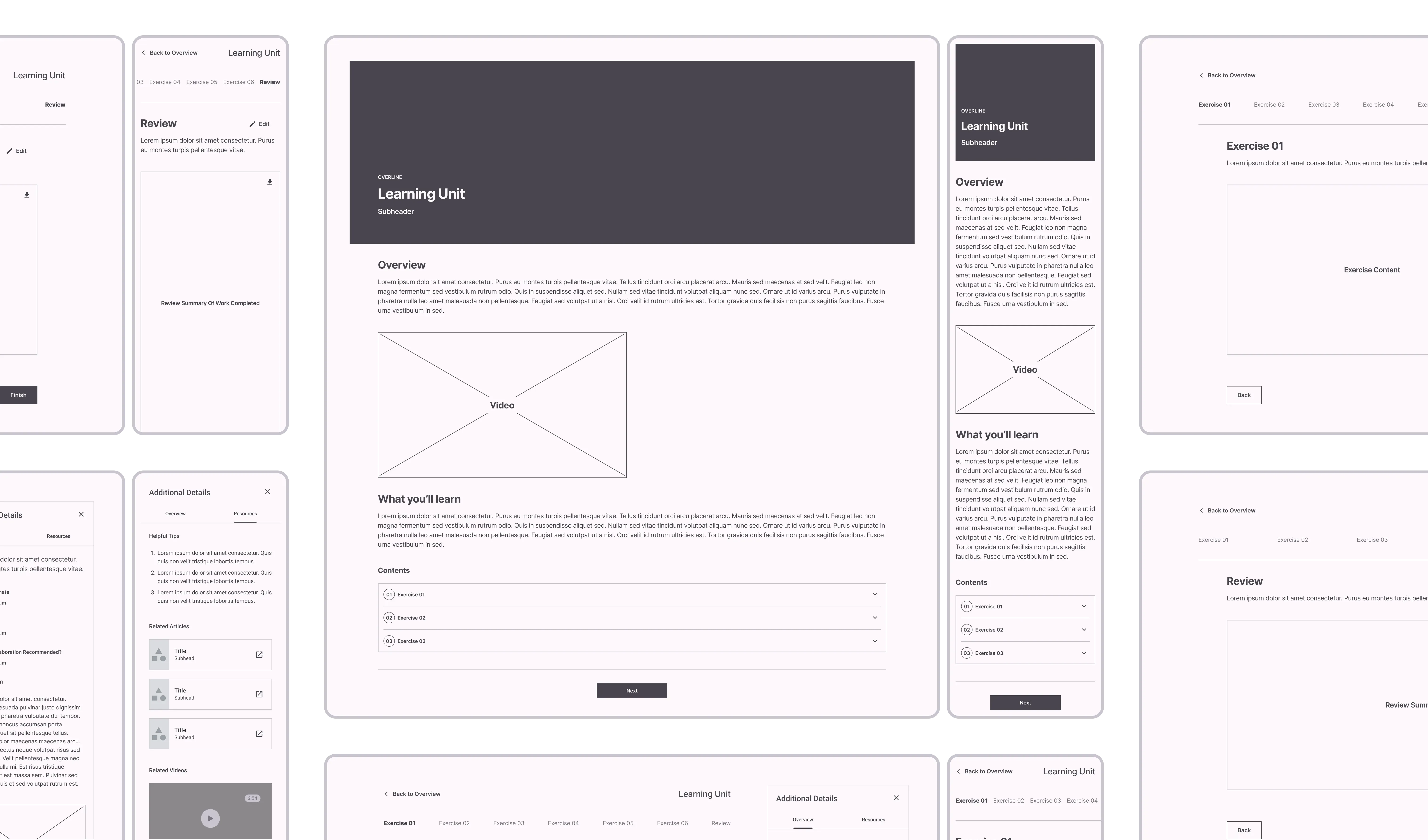 Learning unit template design, early low-fidelity wireframe