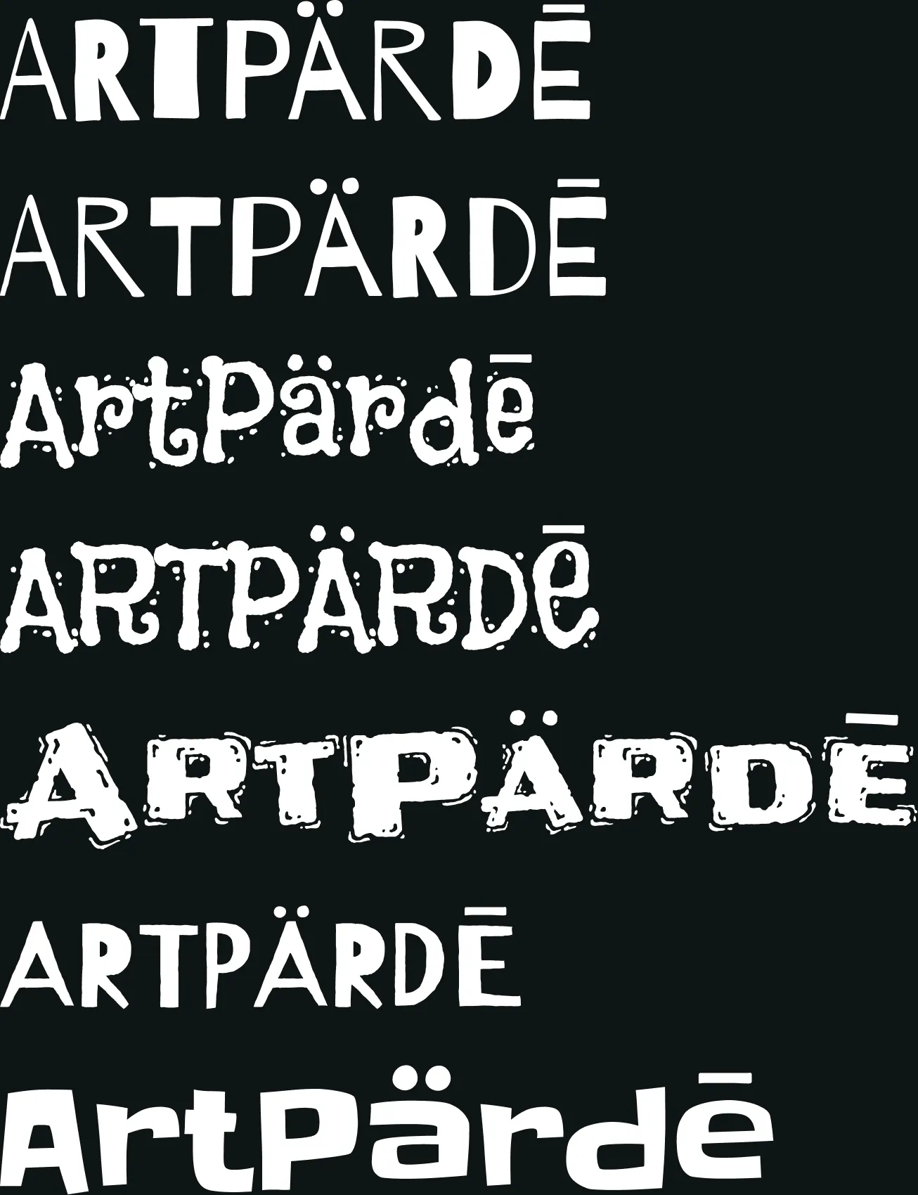 Seven shortlisted ArtPärdē wordmark studies in different hand-drawn styles